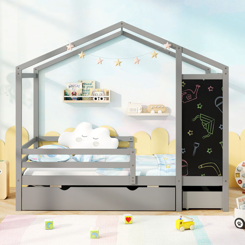 Kids Bed with 2 Drawers Solid Wood Bed with Blackboard