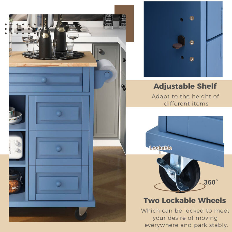 Streamdale Blue Rolling Kitchen Island with Rubberwood Top - 53