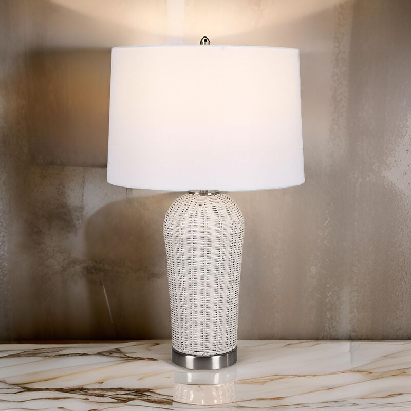 25 Inch Table Lamp, Rattan Woven, White Linen Shade, Brushed Silver Accents - Benzara