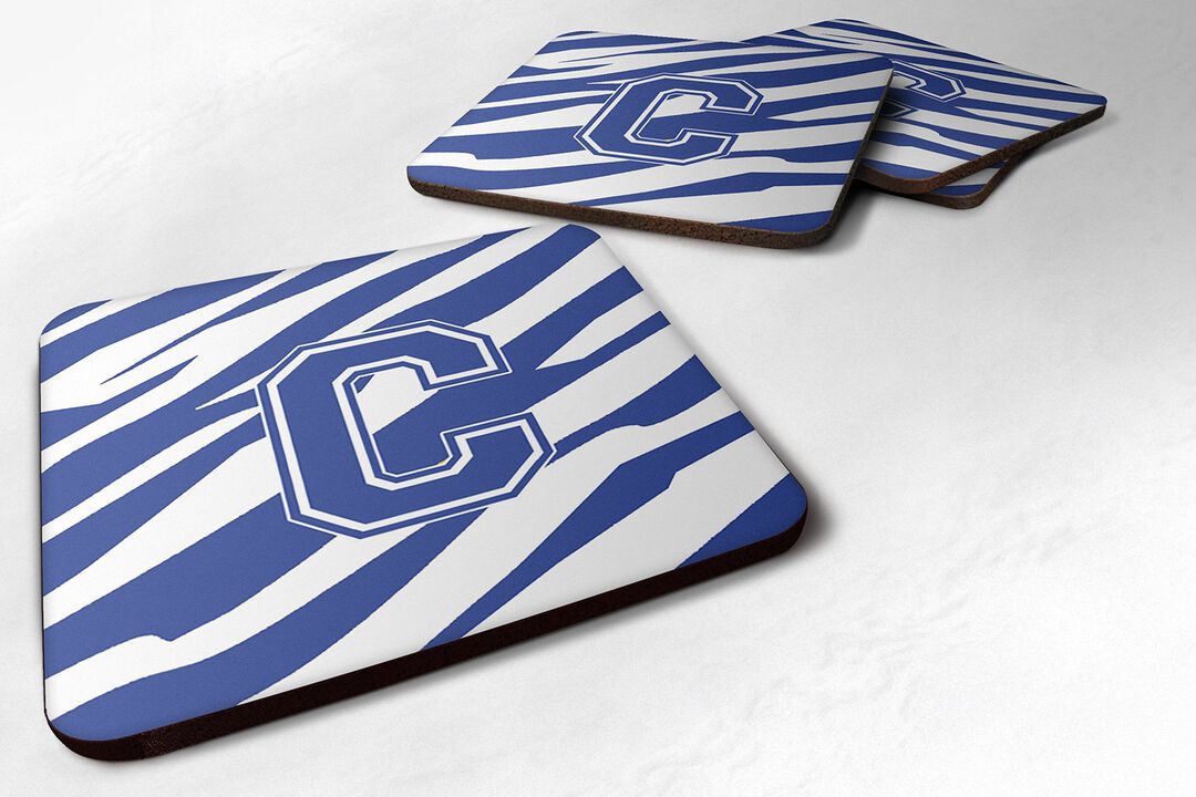 Caroline's Treasures CJ1034-CFC Monogram-Tiger Stripe Blue and White Foam Coasters (Set of 4), Initial Letter C, 3.5 H x 3.5 W, Multicolor