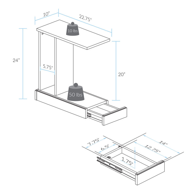 Casual Home Monroe C-Table Drawer, Concealment Furniture, Mocha, 22.75 in x 10 in x 24 in