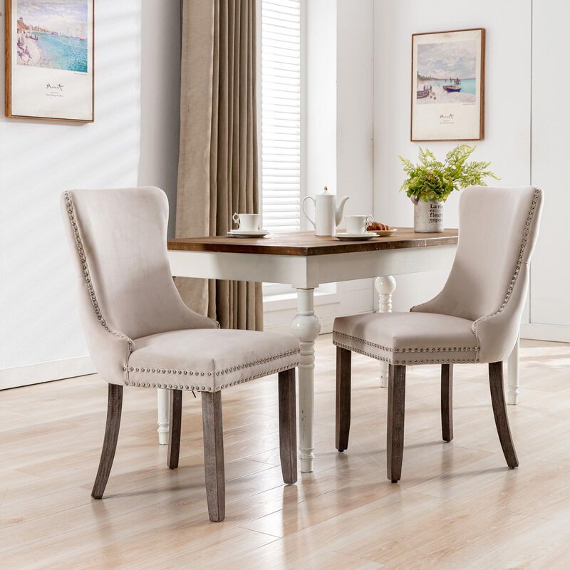Set of 2 Wing-Back Dining Chairs, Backstitching, Nailhead Trim, Solid Wood Legs