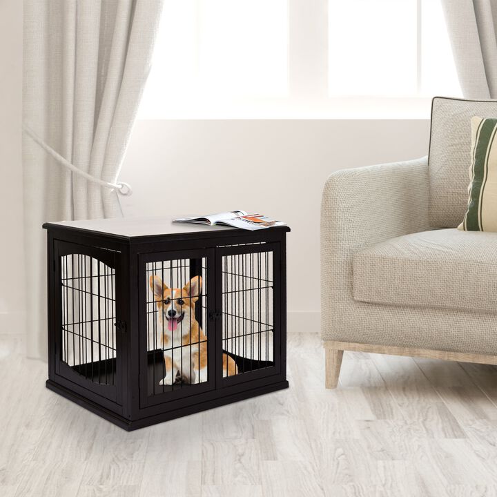 Coffee-Colored Pet Furniture: Wooden Dog Crate End Table, Two Openings