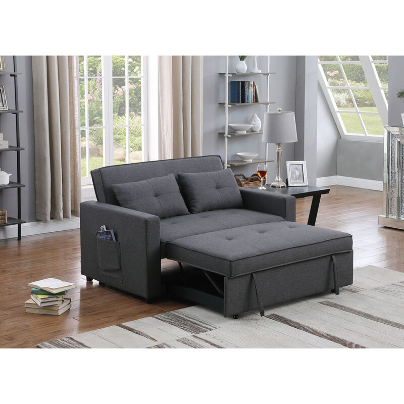 Zoey Dark Gray Linen Convertible Sleeper Loveseat With Side Pocket