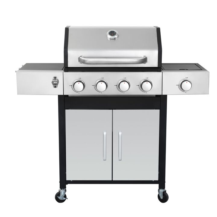MONDAWE 4-Burner Propane Gas BBQ Grill with Side Burner, 46790BTU Output With Enameled Cast Iron Cooking Grids For Outdoor Barbecue, Stainless Steel
