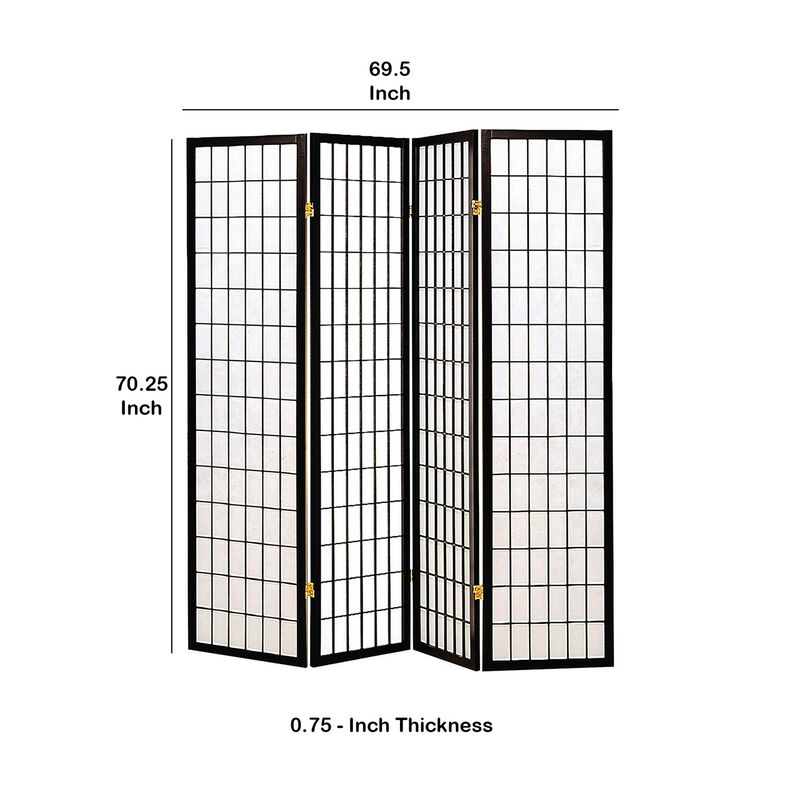 4 Panel Foldable Wooden Frame Room Divider with Grid Design, Black-Benzara