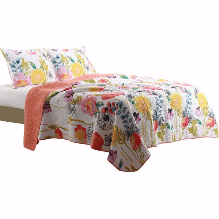 3 Piece Cotton Full Size Quilt Set with Stencil Flower Print, Multicolor - Benzara