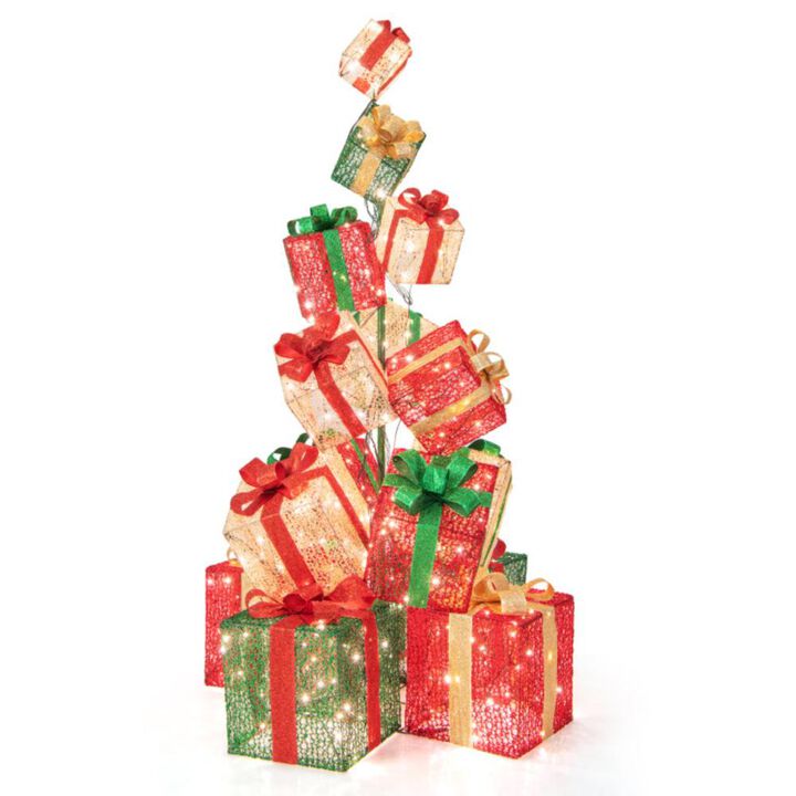 Hivvago 15 Stacked Lighted Christmas Gift Box Tower with 450 Warm White Lights