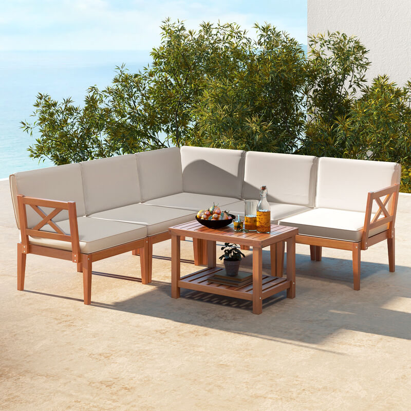 6-Piece Patio Furniture Set with Cushions & 2-Tier Coffee Table for Outdoor Lounge