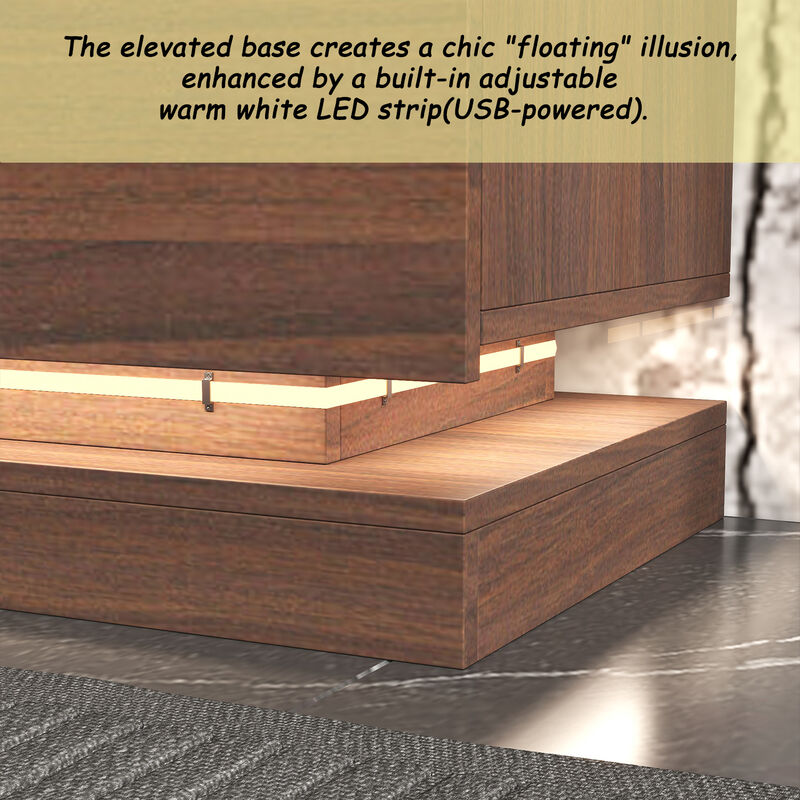 FUFU&GAGA Wood Veneer Glass TV Cabinet, MDF with Gray Tempered Glass, LED Strip Design, Modern Minimalist Style, (89.4 " W x 15.7" D x17.3" H), Walnut