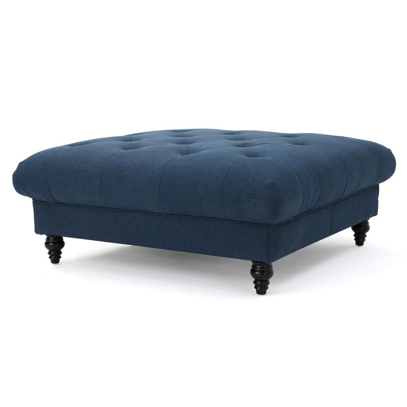 Capri Ottoman, Tufted Navy Blue Fabric, Birch Wood, Square 41 Inch -Benzara