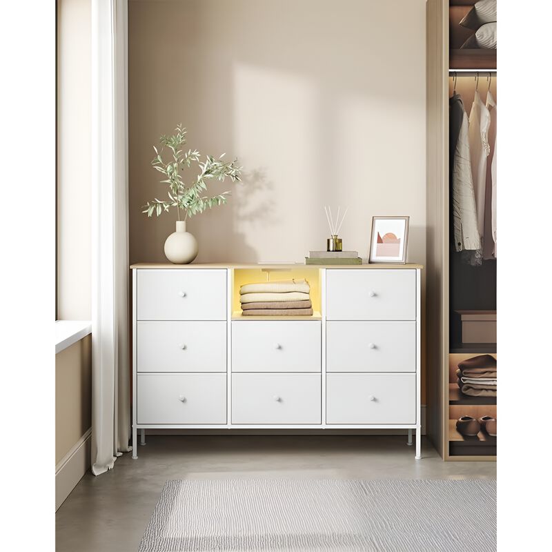 Fabric Dresser with Power Outlets & LED Lights – Stylish Chest of Drawers