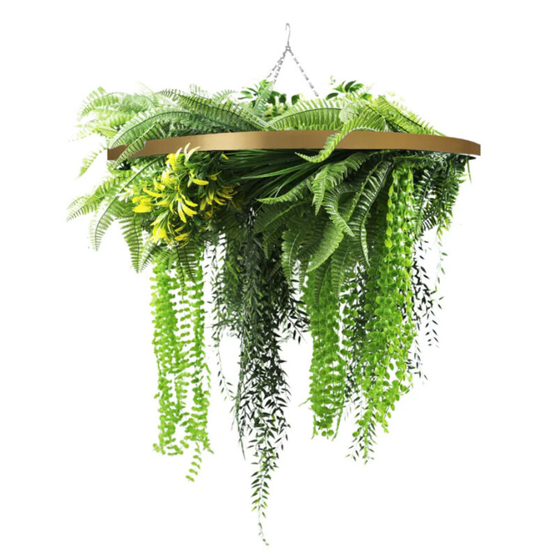 Gold Framed Roof Hanging Disc With Draping Life-Like Ferns and Plants 31.5" UV Resistant