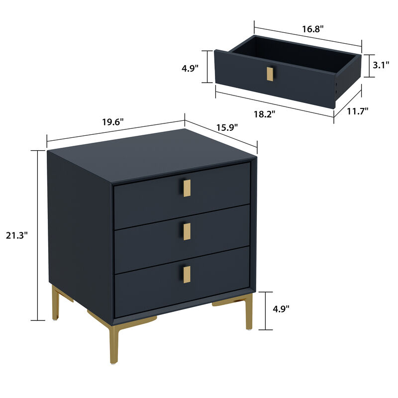 Black 3-Drawers 19.6 in. Width x 21.3 in. Height Wooden Nightstand, Bed Side Table with Golden Legs for Bedside Storage
