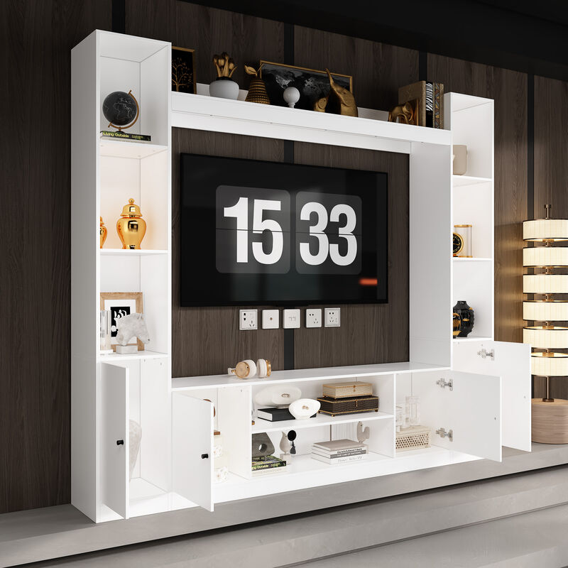 White Wood Entertainment Centers TV Stand Fits TV's up to 57 in. with Open Shelves, Door Cabinets