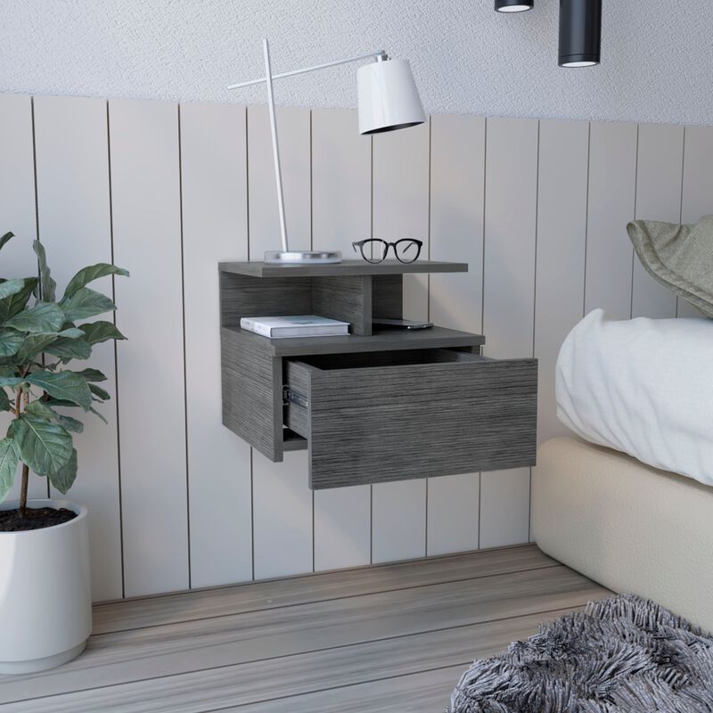 Adele Floating Nightstand with Drawer and Open Storage Shelves- Smokey Oak