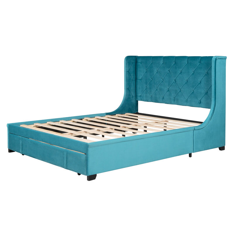 Streamdale Queen Velvet Storage Bed with Wingback Headboard, Drawer