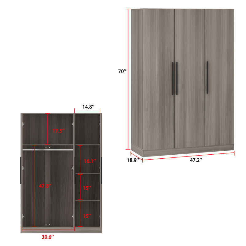 Gray Wood 47.2 in. W 3-Door Armoires Wardrobe with Hanging Rod and Storage Shelves (70 in. H x 18.9 in. D)