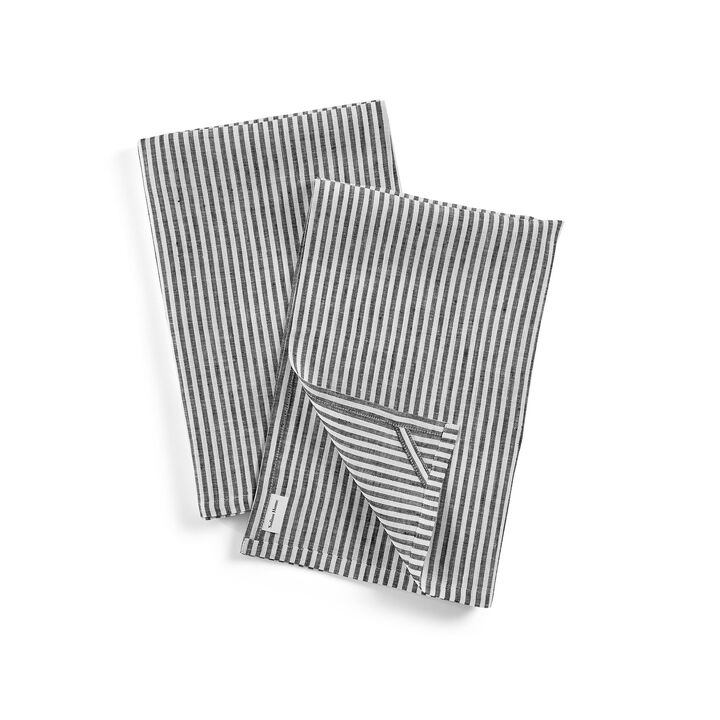 Solino Home 100% Pure Linen Kitchen Towels Set of 2 - 17 x 26 Inch | Narrow Stripe