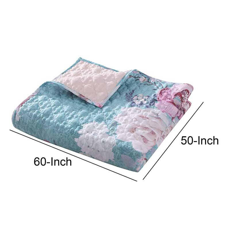 50 x 60 Inch Microfiber Throw Blanket, Floral Print, Blue, Pink, White - Benzara