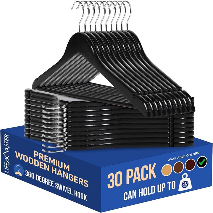 Wooden Hanger Set - 30 Pieces Non-Slip Versatile Closet Space-Saving Hanger Set for Suit, Coat, Camisole, Jacket, Pants, and Dresses with 360° Swivel Hook - Black