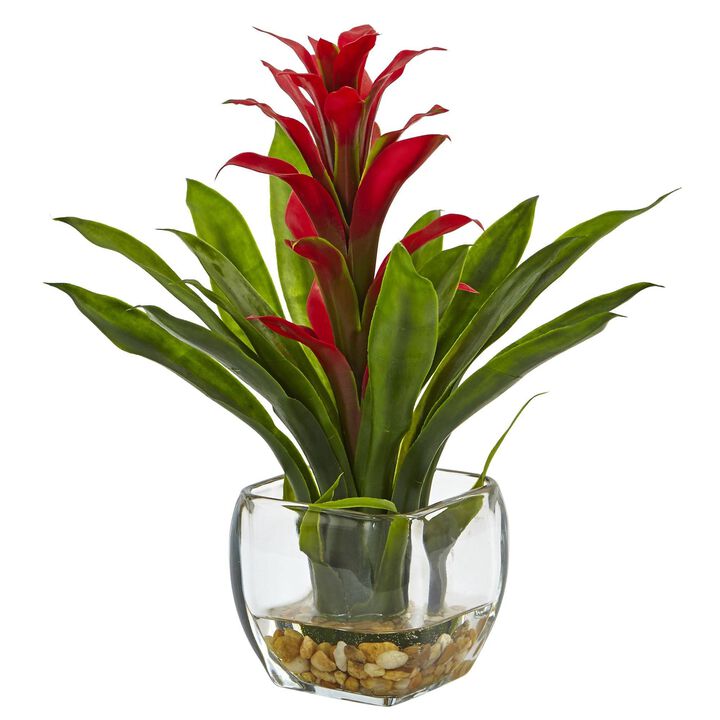 Nearly Natural 12-in Bromeliad with Vase Arrangement Red Nearly Natural 12-in Bromeliad with Vase Arrangement Red