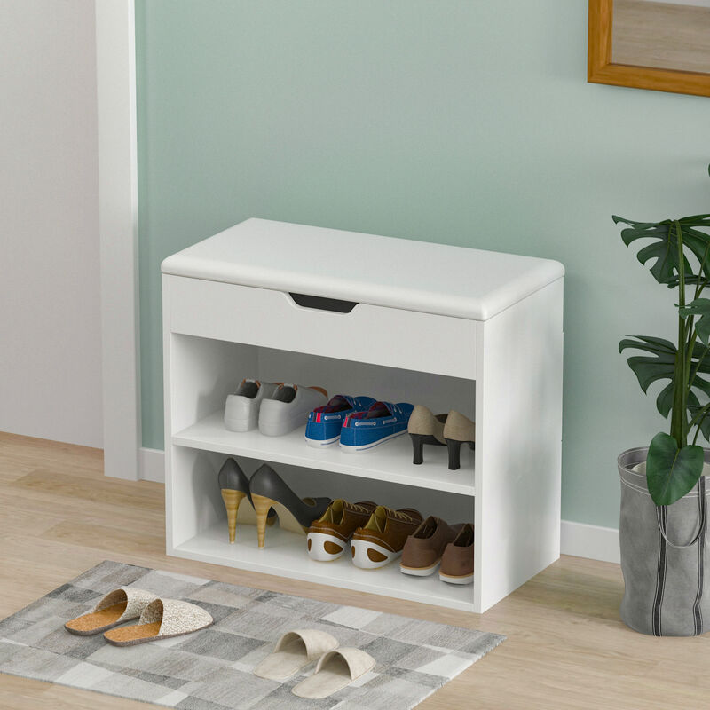 21.2 in. H x 24 in. W 6-Pair Shoes White Wood Shoe Storage Bench with Hidden Storage Compartment