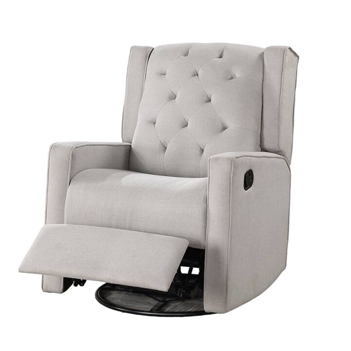 Manie Swivel Glider Manual Recliner, Solid Wood, Light Gray Burlap - Benzara