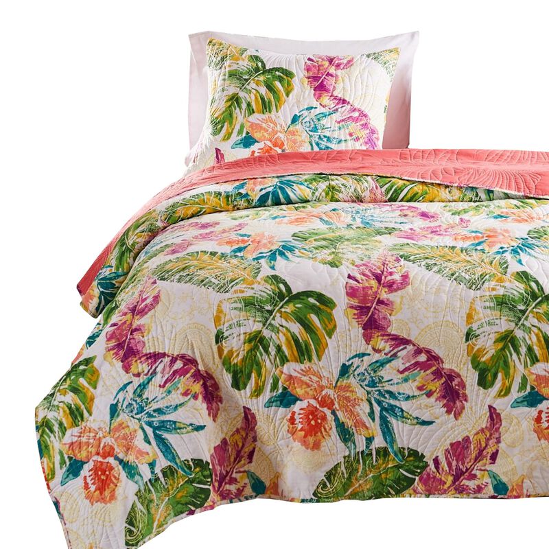 Aulne 2 Piece Twin Quilt Set with Leaf Print, Multicolor - Benzara