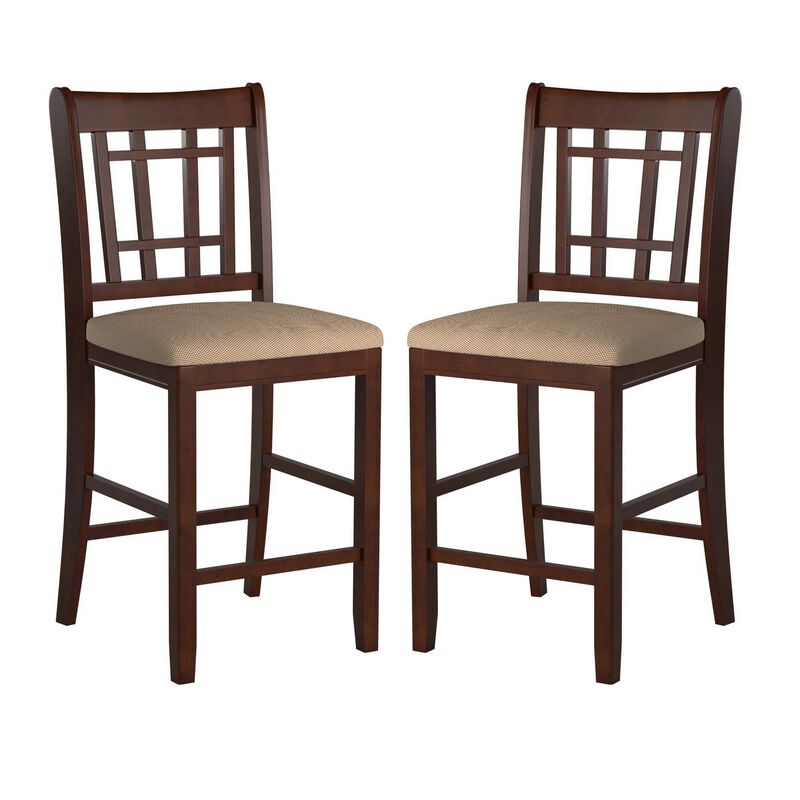 Wooden Counter Height Chair, Dark Brown & Cream, Set of 2-Benzara