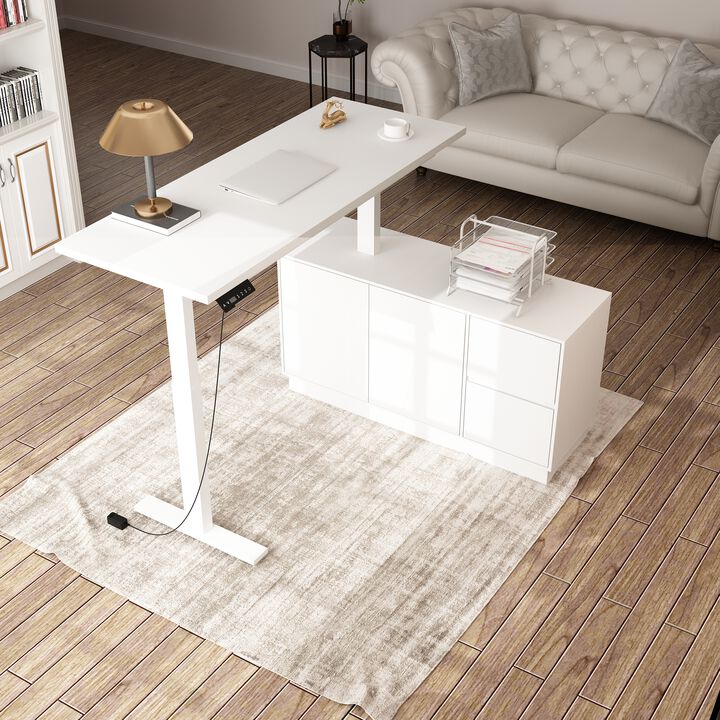 FUFU&GAGA White Height-Adjustable Desk with Storage Cabinet, P2 MDF, Single Motor (54.3" W x 29.5" H x 47.2" D), White