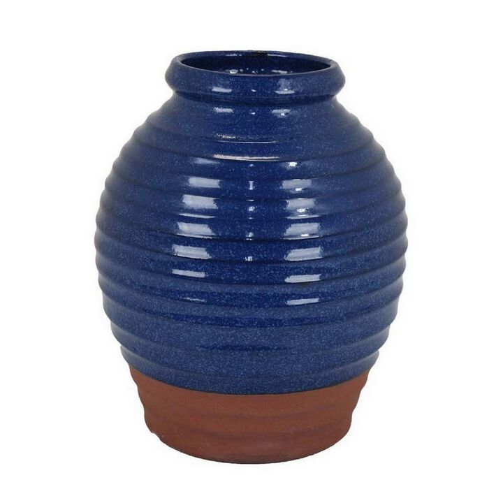 Kohl 15 Inch Decorative Vase, Pot Shape, Ceramic, Blue and Brown Finish - Benzara