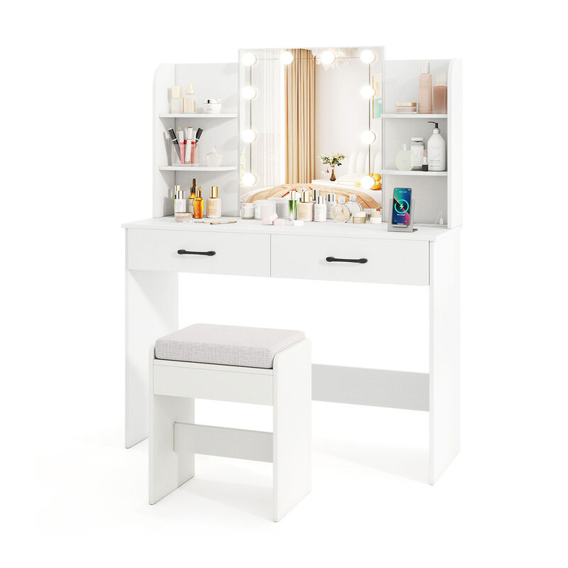 Vanity Set with Lighted Mirror and Stool with Power Outlet