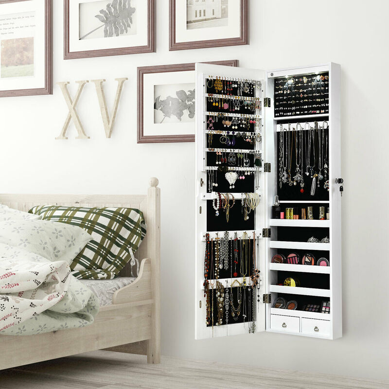 Wall and Door Mounted Mirrored Jewelry Cabinet with Lights-White
