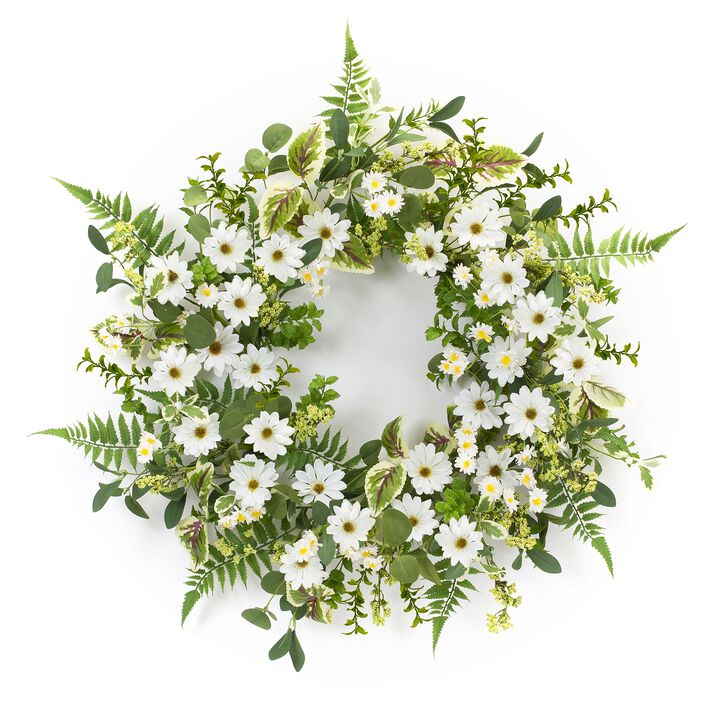 Mixed Foliage and Daisy Wreath for Bright Spring or Summer Home Décor