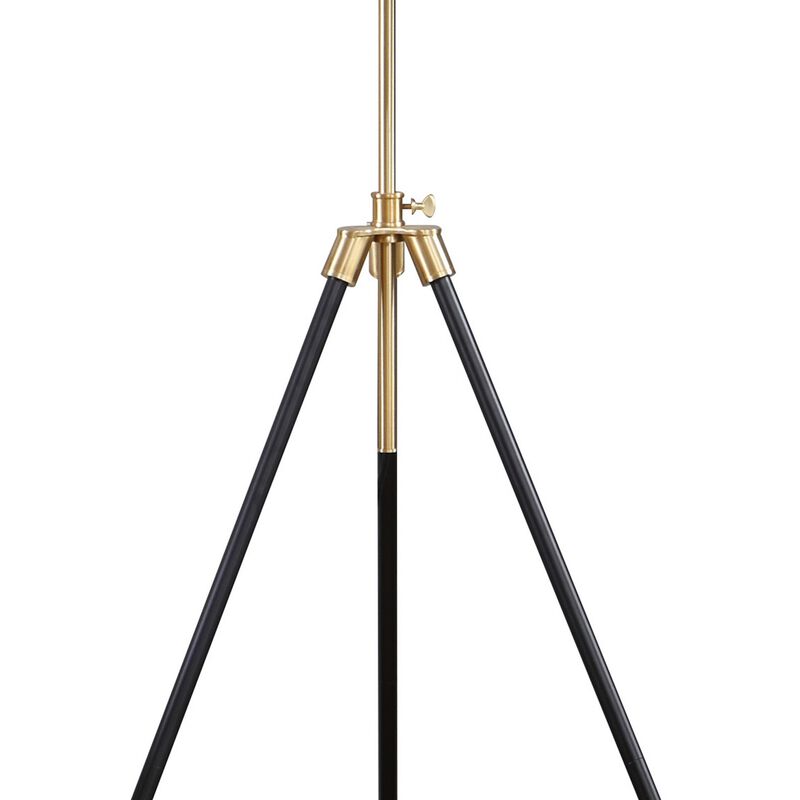 Floor Lamp with Drum Shade and Sleek Metal Tripod Legs, Black and Gold-Benzara