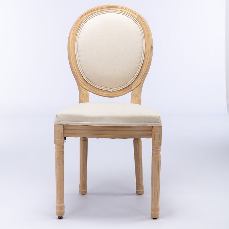 French Style Solid Wood Frame Antique Painting Linen Fabric Back Dining Chair, Set Of 2, Beige