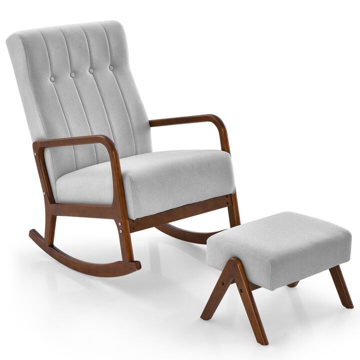 Rocking Chair with Ottoman and Solid Rubber Wood Frame and Padded Cushion