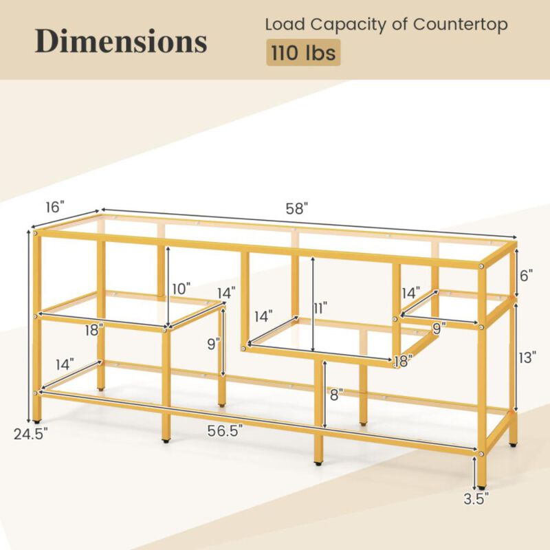 Hivvago 58 Inch TV Console Table with Tempered Glass Shelves for Living Room-Gold