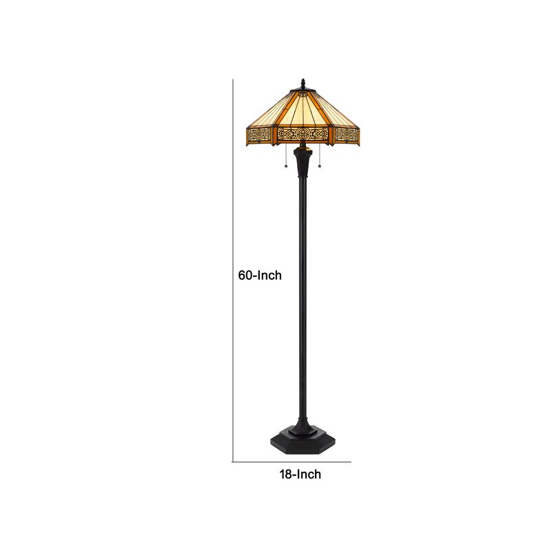 Eli 60 Inch Floor Lamp, Hexagonal Tiffany Style Shade, Dual Light, Bronze-Benzara