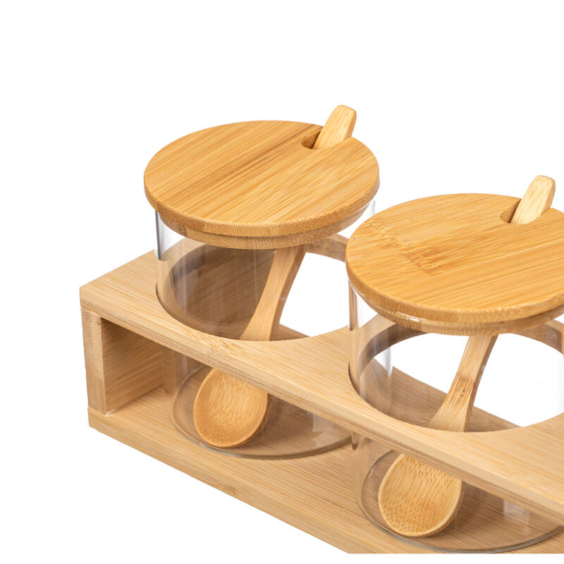 Basicwise 3-Piece Glass Containers with Bamboo Lids and Tray Holder – Decorative Storage for Condiment Pots and Spice Jars - Coffee Station Accessories, Perfect Organizer for Home Kitchen or Café