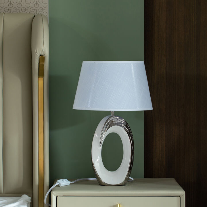 Table Lamps, Decorative Ceramic Table Lamp, with Beige, Brown, and White Stones and Beige Linen Lampshade, 14 inches tall, Unique Lamp for Living Room or Bedroom, Set of 2