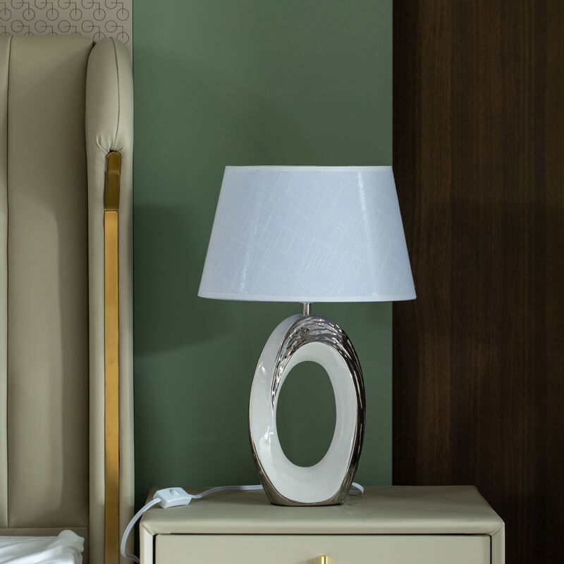 Table Lamps, Decorative Ceramic Table Lamp, with Beige, Brown, and White Stones and Beige Linen Lampshade, 14 inches tall, Unique Lamp for Living Room or Bedroom, Set of 2