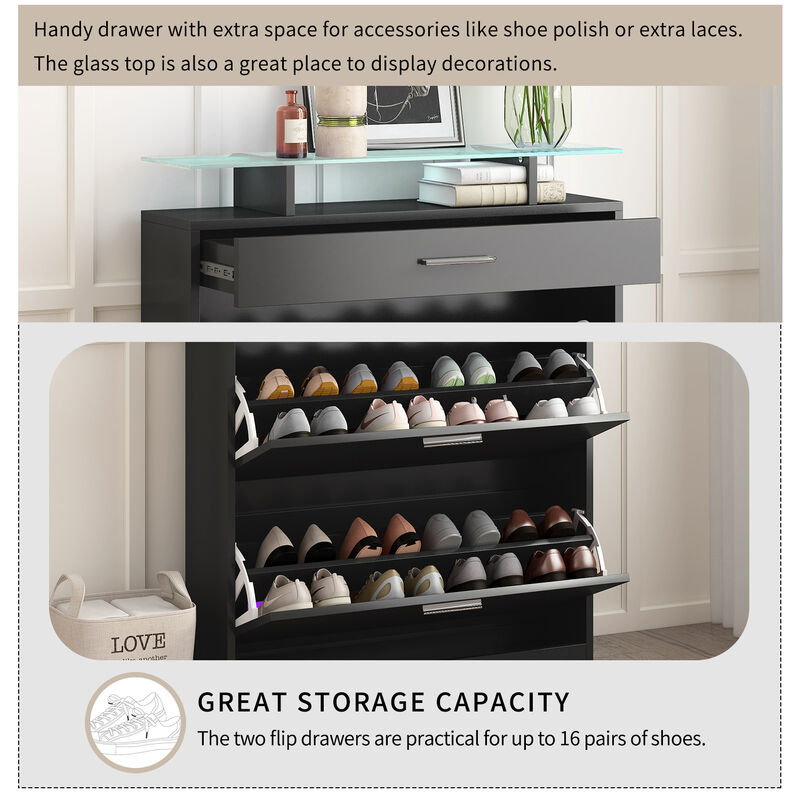 Merax Tempered Glass Top Shoe Storage Cabinet with Drawer