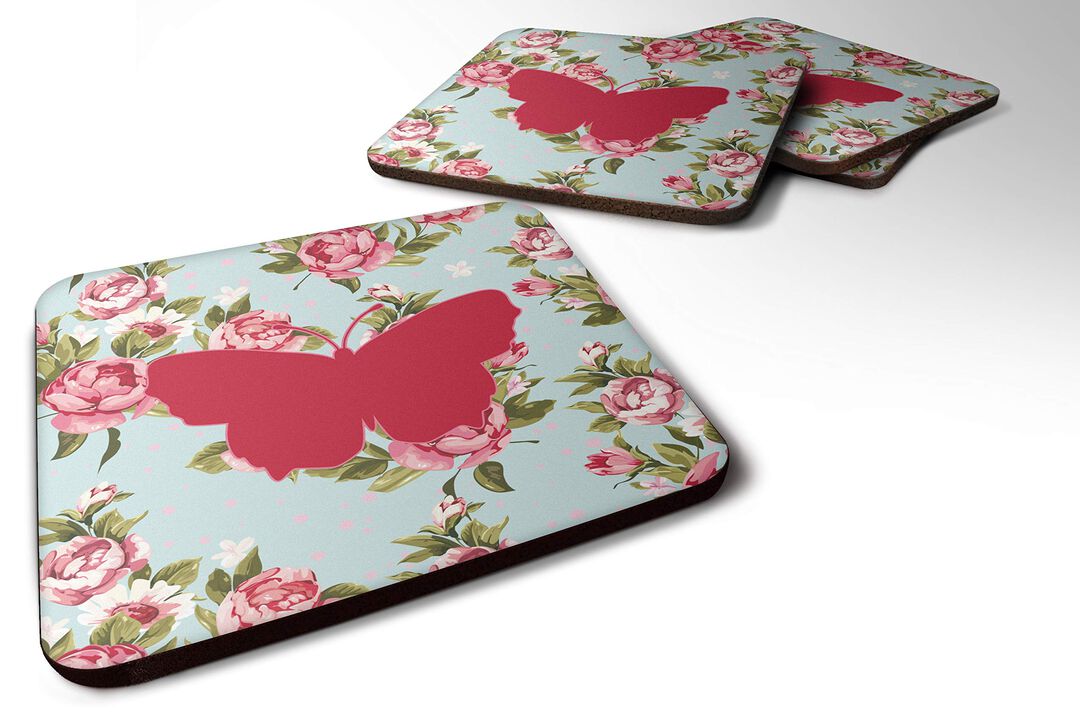 Caroline's Treasures BB1045-RS-BU-FC Butterfly Shabby Chic Blue Roses Foam Coasters (Set of 4), 3.5 H x 3.5 W, Multicolor