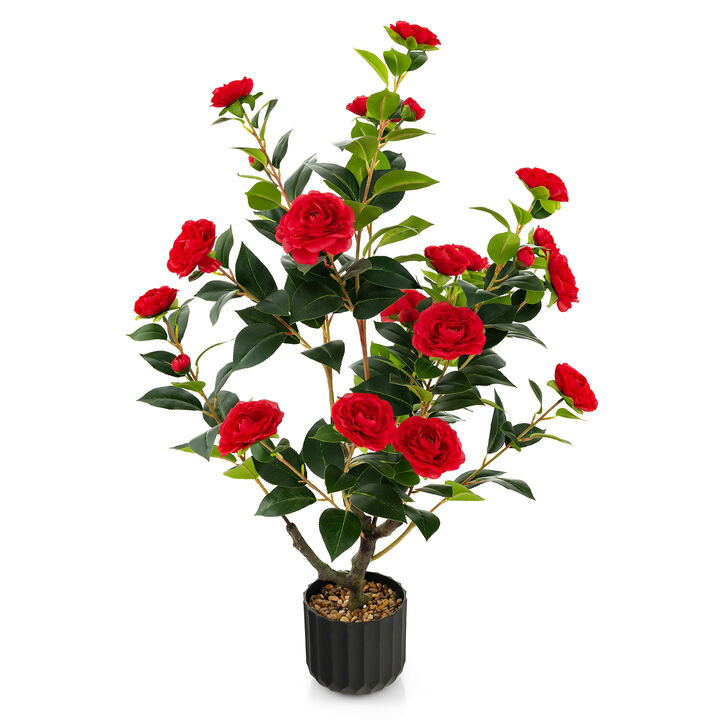 38 Inch Artificial Camellia Tree Faux Flower Plant in Cement Pot 38 Inch Artificial Camellia Tree Faux Flower Plant in Cement Pot