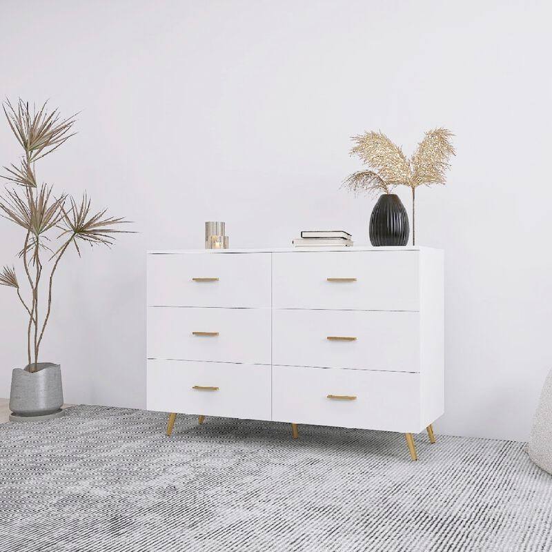 White 6-Drawer Chest with Golden Accents