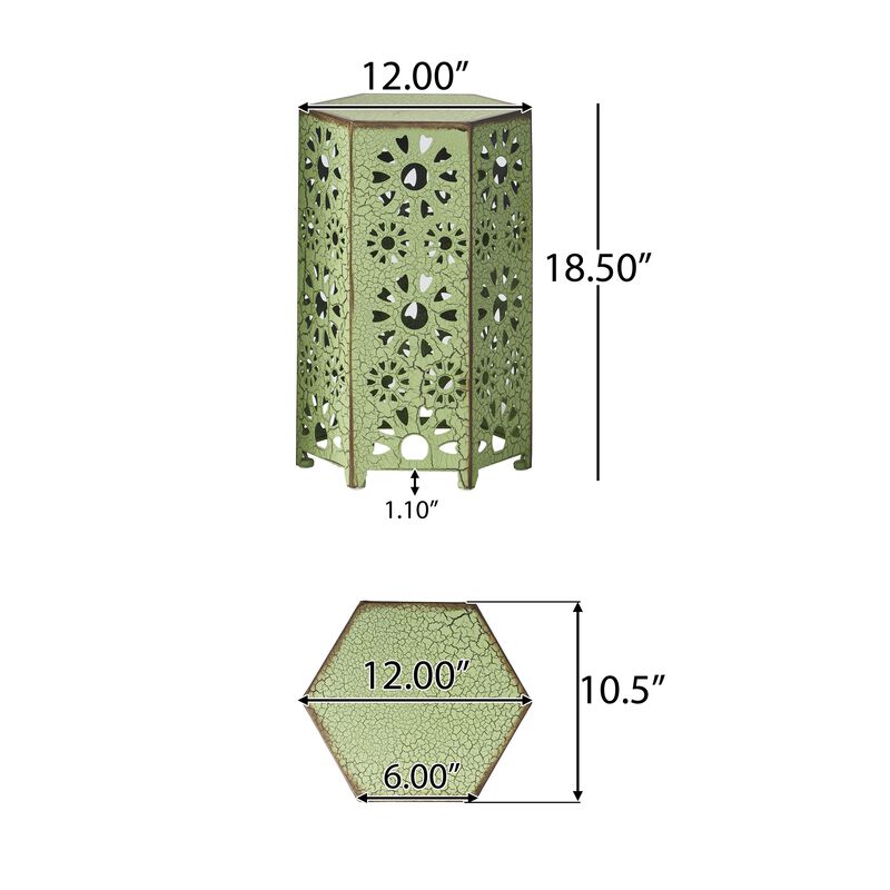 Liana Outdoor Side Table, Hexagonal 12 Inch, Sunburst Cut Out, Green - Benzara