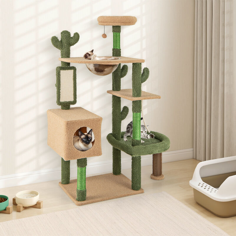 59-Inch Multilevel Cactus Cat Tree with Scratching Posts, Cando Toy, and Rope for Cats