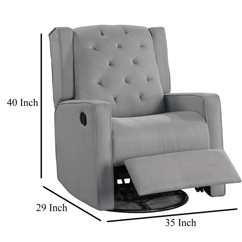 Manie Swivel Glider Manual Recliner, Solid Wood, Classic Gray Burlap - Benzara